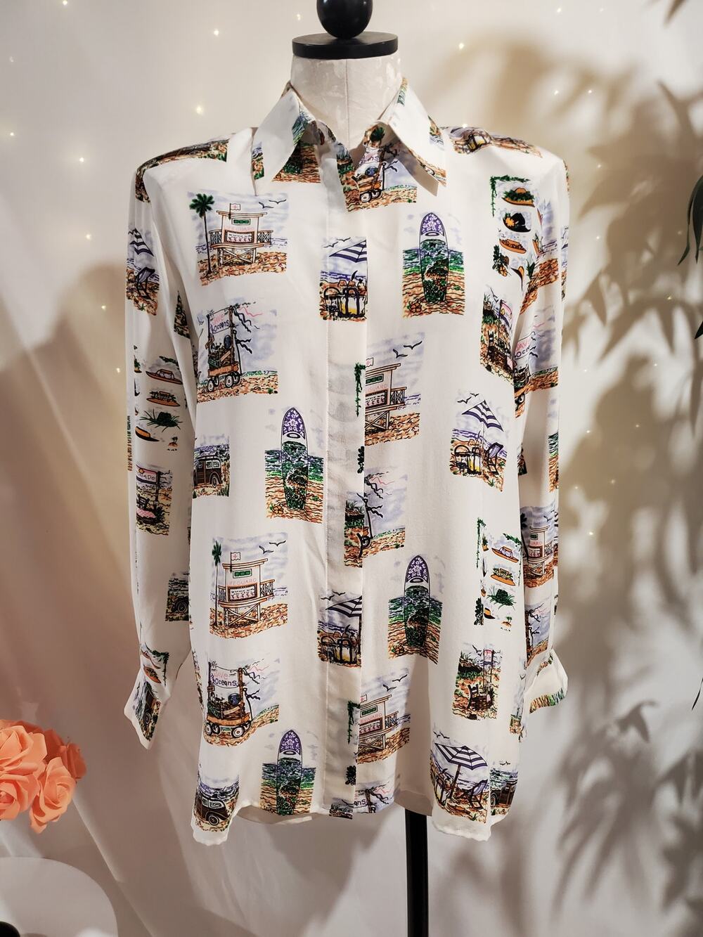 Vtg Tango NWT Womens Tropical Silk Button Shirt Sz S Hawaiian Surf Beach Resort